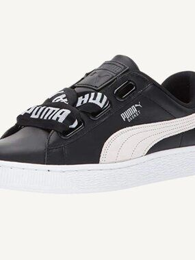 NWT Puma Basket Heart DE Black White Sneakers Ribbon Laces Womens 6